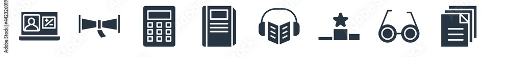 education filled icons. glyph vector icons such as new document, glasses, steps to complete, audiobook, hard cover book, small calculator, diploma with a ribbon sign isolated on white background. education filled icons. glyph vector icons such as new document, glasses, steps to complete, audiobook, hard cover book, small calculator, diploma with a ribbon sign isolated on white background.