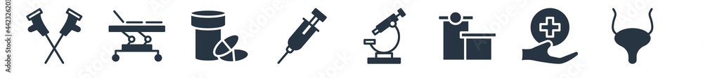 medical filled icons. glyph vector icons such as bladder, hospital medicalal of a cross in a circle, hospital building front, microscope tool, syringe with medicine, medical pill, table of