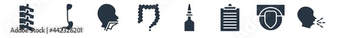 medical filled icons. glyph vector icons such as unhealthy medical condition, canine, negative on medical clipboard, nasal, colon, mouth tube in bald male head, esophagus sign isolated on white