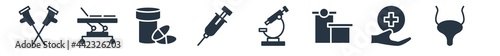 medical filled icons. glyph vector icons such as bladder, hospital medicalal of a cross in a circle, hospital building front, microscope tool, syringe with medicine, medical pill, table of