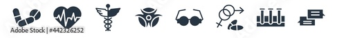 medical filled icons. glyph vector icons such as medical talk of rectangular, medical samples in test tubes couple, united heterosexual, circular glasses, biological warning, caduceus, heart beats