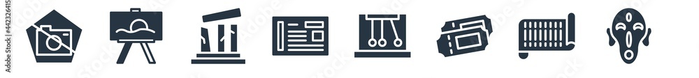 museum filled icons. glyph vector icons such as african mask, paper scroll, museum ticket, newtons cradle, panel, relics, museum canvas sign isolated on white background. museum filled icons. glyph vector icons such as african mask, paper scroll, museum ticket, newtons cradle, panel, relics, museum canvas sign isolated on white background.
