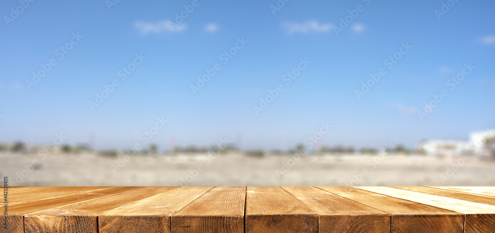 Desk of free space and summer landscape of beach 