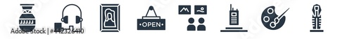 museum filled icons. glyph vector icons such as sarcophagus, palette, electronics, tour, open, gioconda, audio guide sign isolated on white background.