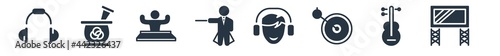 music and multimedia filled icons. glyph vector icons such as big screen, three strings guitar, music control settings button, listening smile, orchestra director with stick, party dj, tibetan sign