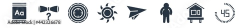 other filled icons. glyph vector icons such as digital number 45, tower freefall, overweight, paper airplane, saw blade, shooting gallery, graduation's questions sign isolated on white background.