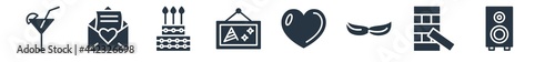 party filled icons. glyph vector icons such as big speaker, jenga, woman mask, big heart, birthday pictures, cake with three candles, open envelope with heart letter sign isolated on white