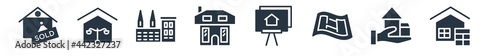 real estate filled icons. glyph vector icons such as calculate, buy, technical drawing, slides, facade, industrial park, juridical sign isolated on white background.