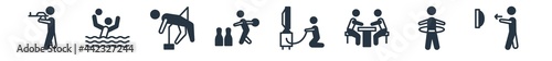 recreational games filled icons. glyph vector icons such as people playing darts, people hula hop, people playing board games, playing game, bowling, limbo, waterpolo sign isolated on white