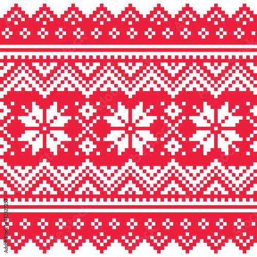 Christmas vector seamless winter pattern, festive red and white print inspired by Sami people, Lapland folk art design, traditional knitting and embroidery

