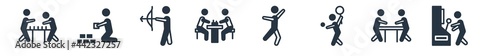 recreational games filled icons. glyph vector icons such as people playing arcade game, people playing air hockey, people playing tennis, dancing, chess, archery, rummy sign isolated on white