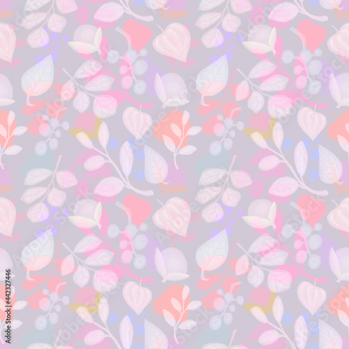 Vegetable autumn seamless pattern, drawing with pastels, colored twigs and berries on a light background.
