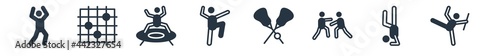 sport filled icons. glyph vector icons such as baton twirling, tumbling, mixed martial arts, lacrosse, kung fu, trampolining, go game sign isolated on white background.
