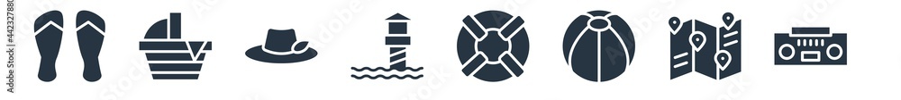 Obraz premium summer filled icons. glyph vector icons such as cassette, travel guide, beach ball, life guard, lifeguard, pamela hat, pinic basket sign isolated on white background.