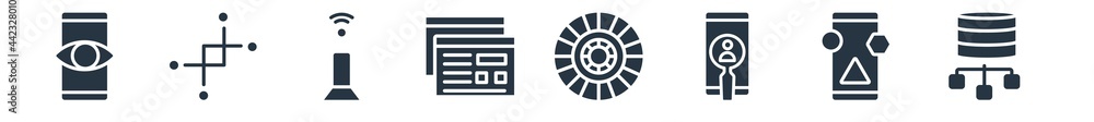 technology filled icons. glyph vector icons such as data architecture, attributes, user research, colory theory, virtual machine, reach, version control sign isolated on white background.
