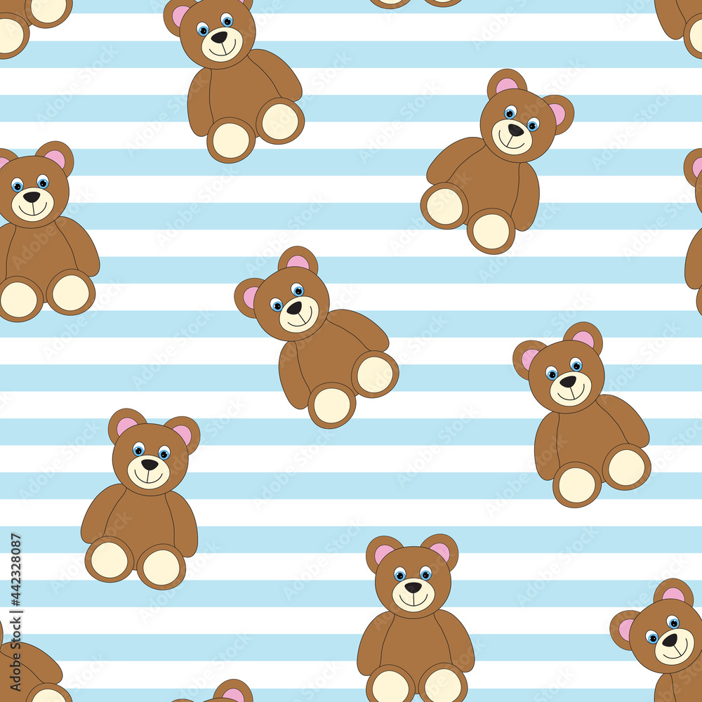 Teddy bears on white and light blue striped background. Cute baby seamless pattern.