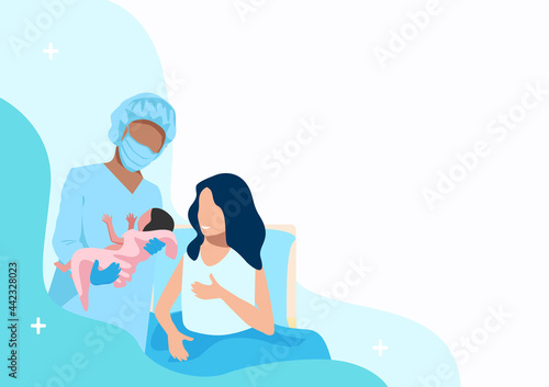 Happy woman in labor in the delivery room with a newborn baby and a nurse. Childbirth and the joy of motherhood. Vector horizontal illustration on an abstract minimalistic background.
