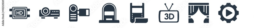 cinema filled icons. glyph vector icons such as video settings, cinema curtains, 3d movie, film strip black, ticket window, solid, image projector sign isolated on white background. cinema filled icons. glyph vector icons such as video settings, cinema curtains, 3d movie, film strip black, ticket window, solid, image projector sign isolated on white background.