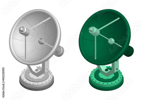 Isometric military and scientific radar, radio telescope for exploring universe and space for tracking flying objects. Ostronomical observations of stars. Realistic 3d vector