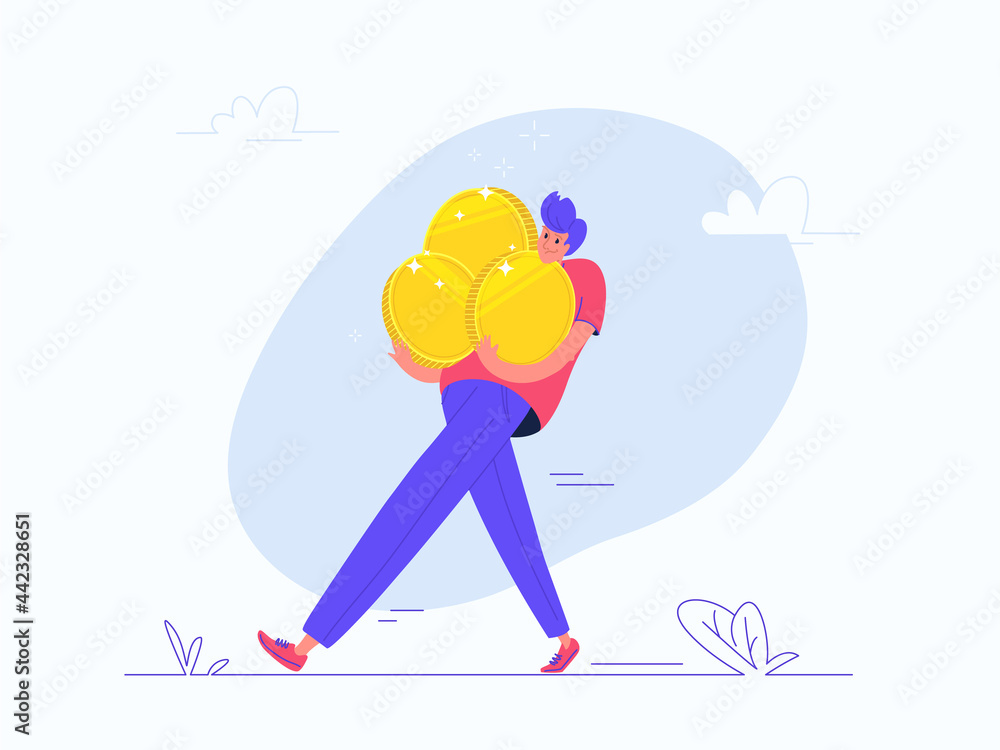Young happy man walking alone and carrying heavy three golden coins. Flat vector illustration of people who invest money, take profit on growing markets and became rich. Isolated on white background