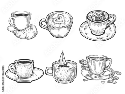 Coffee cups latte set line art sketch engraving vector illustration. T-shirt apparel print design. Scratch board imitation. Black and white hand drawn image.