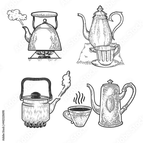 Teapot coffee pot set line art sketch engraving vector illustration. T-shirt apparel print design. Scratch board imitation. Black and white hand drawn image.
