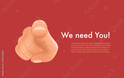 We need you. Realistic 3d vector illustration of human hand with the finger pointing and gesturing towards you like wanted person isolated on red background. Bright banner for hr or promo and offer