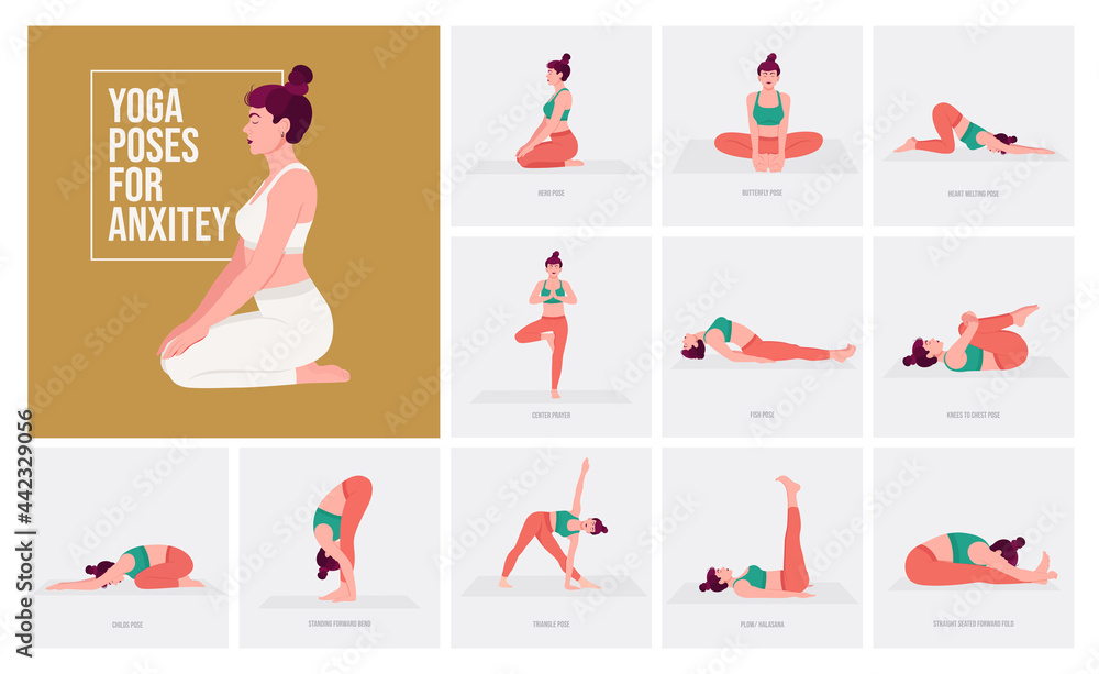Yoga poses For Anxiety. Young woman practicing Yoga pose. Woman workout  fitness, aerobic and exercises. Vector Illustration. Stock Vector