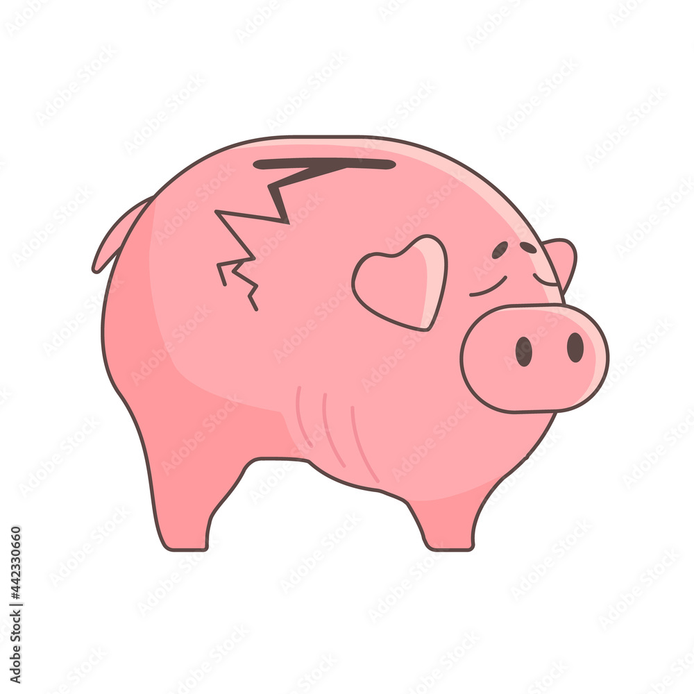 the piggy bank is empty and cracked, broken..Vector illustration in a flat style. The concept of lack of money, poverty, inflation. Isolated icon skinny pig on white background the piggy bank is empty and cracked, broken..Vector illustration in a flat style. The concept of lack of money, poverty, inflation. Isolated icon skinny pig on white background
