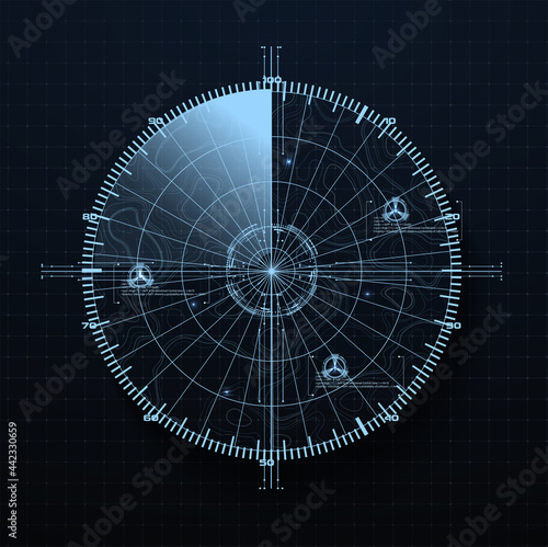 Radar Screen in futuristic HUD style. Air search gadget. military search, system aim. Fui Army target monitoring screen and radar vision interface or navy submarine satellite display interface. Vector