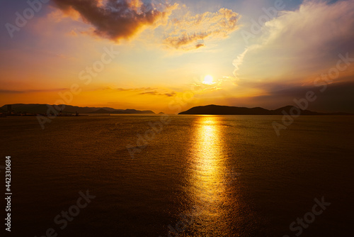 Tropical Landscape of Sea or Ocean and Waves at Sunset in Evening in Summer, Seto Inland Sea in Kagawa Prefecture in Japan, Travel or Trip, Aerial Top View from Flying Drone 