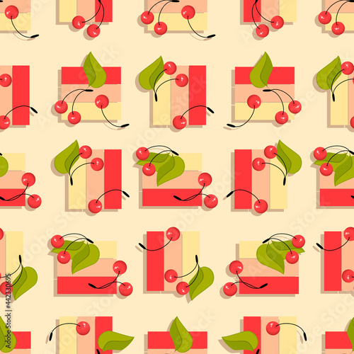 Cherry berry. Geometric figures with ripe berries on light background. Seamless pattern. Ripe berry