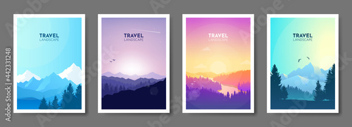 Abstract landscape set, Vector banners set with polygonal landscape illustration, Minimalist style, Flat design, Travel concept of discovering, exploring, observing nature. Hiking. Adventure tourism.