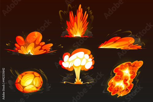 Cartoon bomb explosion set. Clouds, boom effect and smoke elements for ui game design. Dynamite danger explosive detonation, atomic comics fire detonators for mobile animation isolated vector icons