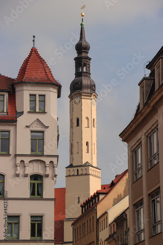 Historischer Stadtkern in Zittau; Altstadtblick zur Klosterkirche St. Peter und Paul