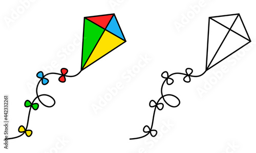 Kite colorful and black and white. Coloring book page for children. Colored and outline vector cartoon kite illustration isolated on white background.