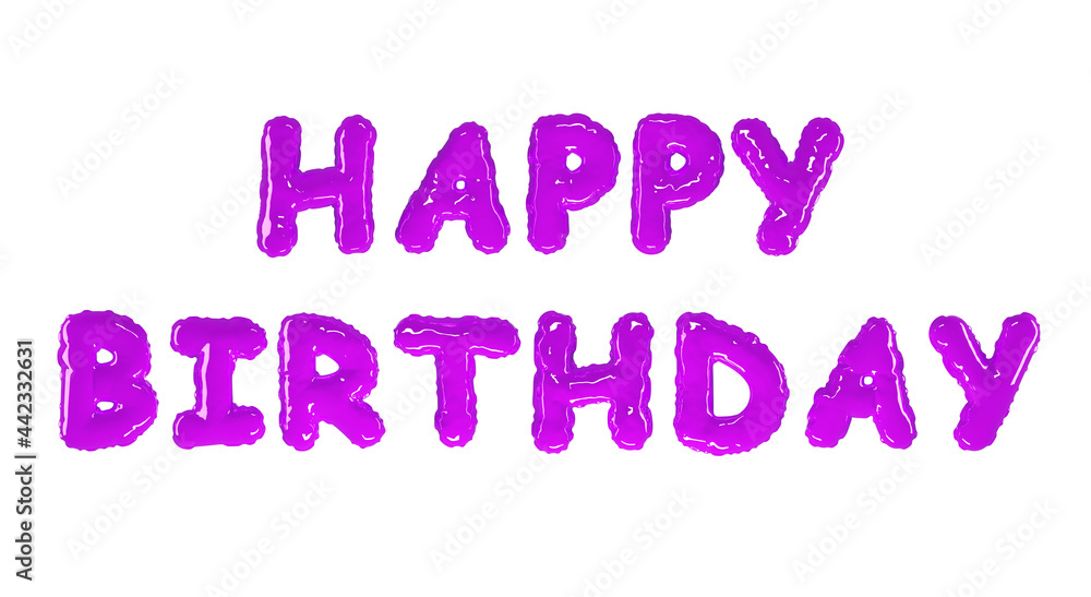 Balloons letters Happy Birthday with helium on isolated white background. Purple inflatable metallic foil text, 3d illustration. Festive design for greeting card, banner, party or anniversary Balloons letters Happy Birthday with helium on isolated white background. Purple inflatable metallic foil text, 3d illustration. Festive design for greeting card, banner, party or anniversary