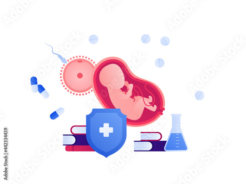 Gynecology research, pregnancy baby care and in vitro fertilization concept. Vector flat healthcare illustration. Embryo in womb. Human egg and sperm sign. Design for healthcare, education.