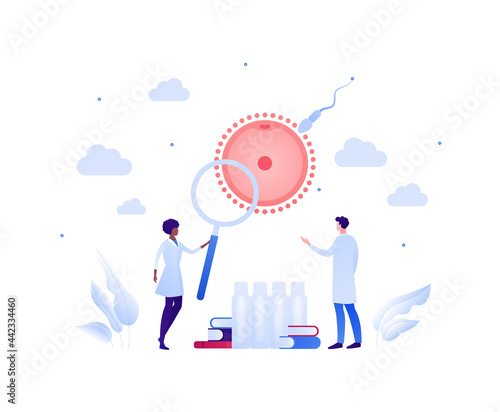 Gynecology research and prenatal care concept. Vector flat people illustration. Male and female doctor team with magnifier glass. Human egg and sperm in ferilization process symbol