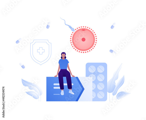 Gynecology, ferilization and infertility treatment concept. Vector flat people illustration. Woman sitting on box of prescription medicine. Human egg and sperm symbol
