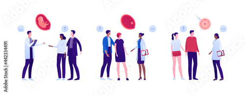 Gynecology checkup, pregnancy and prenatal healthcare concept. Vector flat people illustration set. Doctor and patient appointment. Family with pregnant woman and gynecologist. Fetus, baby in womb