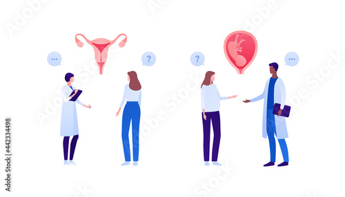 Gynecology checkup, pregnancy and prenatal healthcare concept. Vector flat people illustration. Doctor and patient appointment. Pregnant woman and gynecologist. Uterus, embryo and question symbol