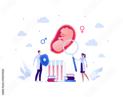 Gynecology research and pregnancy baby care concept. Vector flat people illustration. Male and female doctor team with shield and magnifier glass. Embryo in womb. Blood test and book symbol.