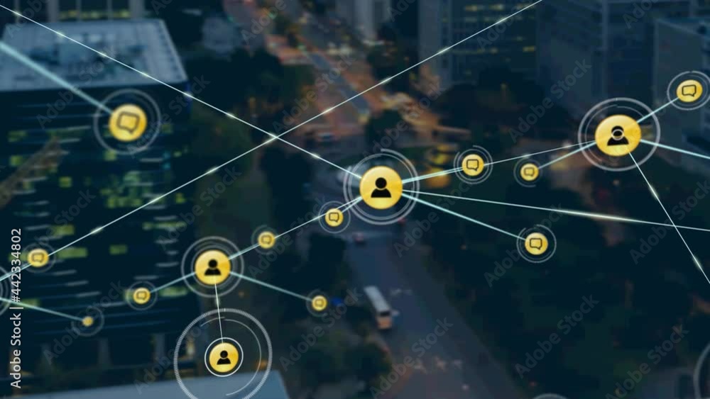 Network of profile icons against aerial view of night city traffic Network of profile icons against aerial view of night city traffic