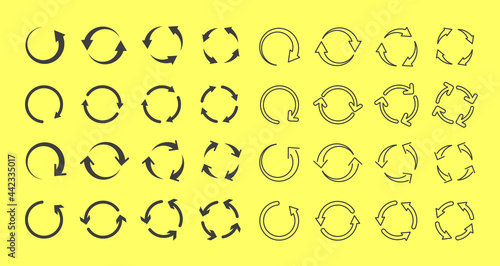 Circle refresh reload rotation loop vector arrows set. Sign reload with arrow and illustration rotation arrows symbol