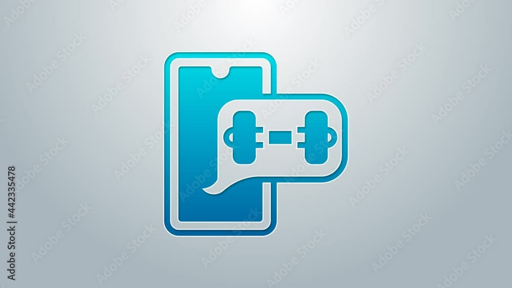 Blue line Fitness app for sports icon isolated on grey background. Healthcare mobile app concept. Online fitness or mobile trainer. 4K Video motion graphic animation Blue line Fitness app for sports icon isolated on grey background. Healthcare mobile app concept. Online fitness or mobile trainer. 4K Video motion graphic animation