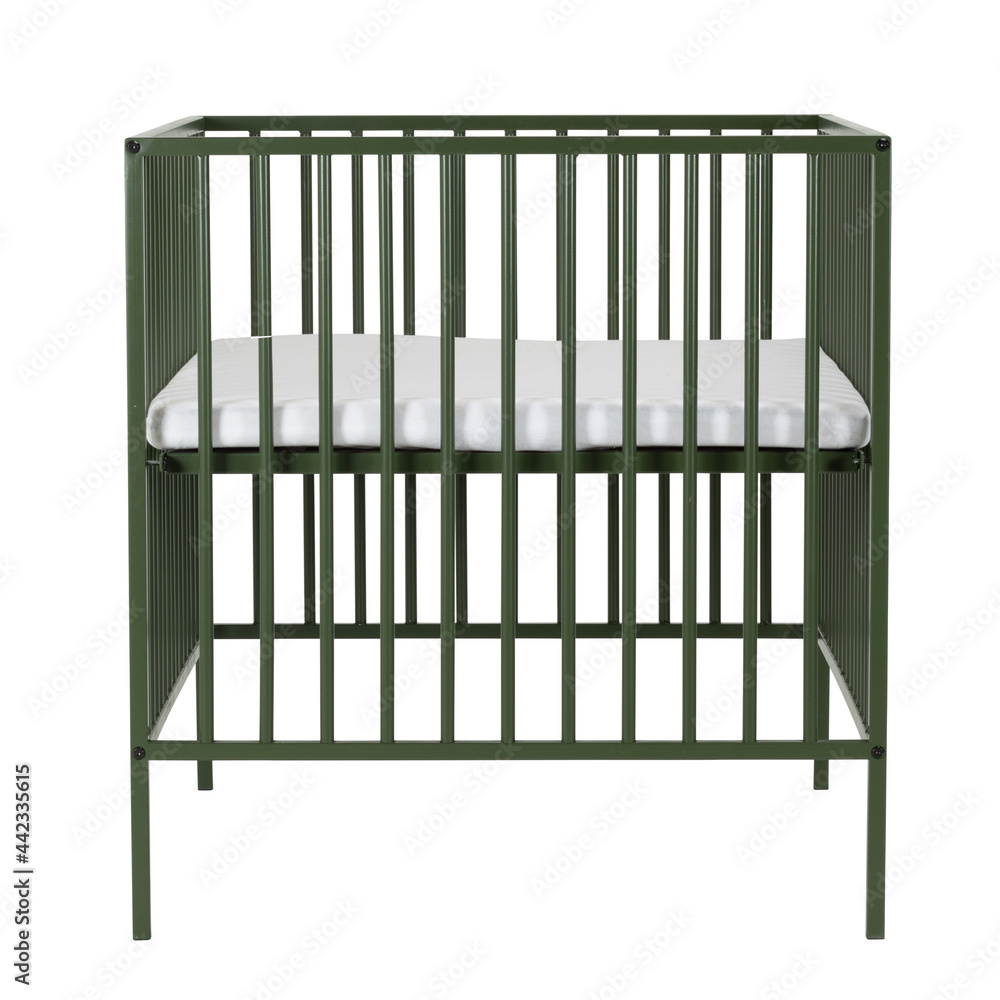 Green metal isolated baby crib box bed on white background Green metal isolated baby crib box bed on white background