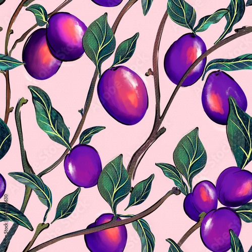 Plums seamless pattern . Kitchen fabrics, Blooming tree of  blue plum fruit isolated on dark background hand-drawn illustration on pink background. photo