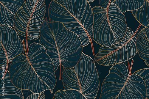 Colocasia green leaf, Monstera delicosa tree seamless pattern, gold leaves