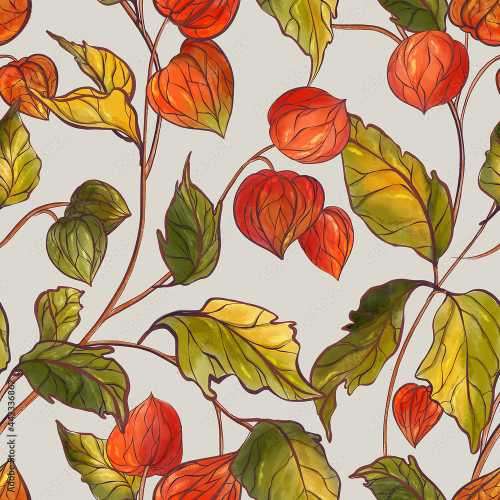 Obraz premium Fall autumn physalis plants light , Ripe physalis bush seamless pattern. Redberries farm background fall design, autumn chinese lantern flowering bloom
